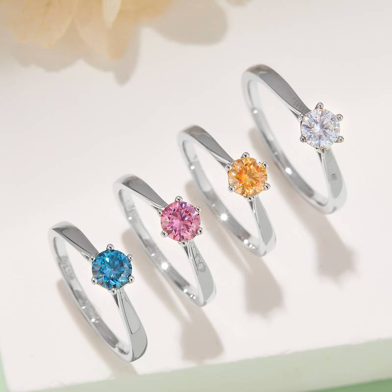 直臂周家六爪S925银镀白金MoissaniteWomen's Ring50分D级